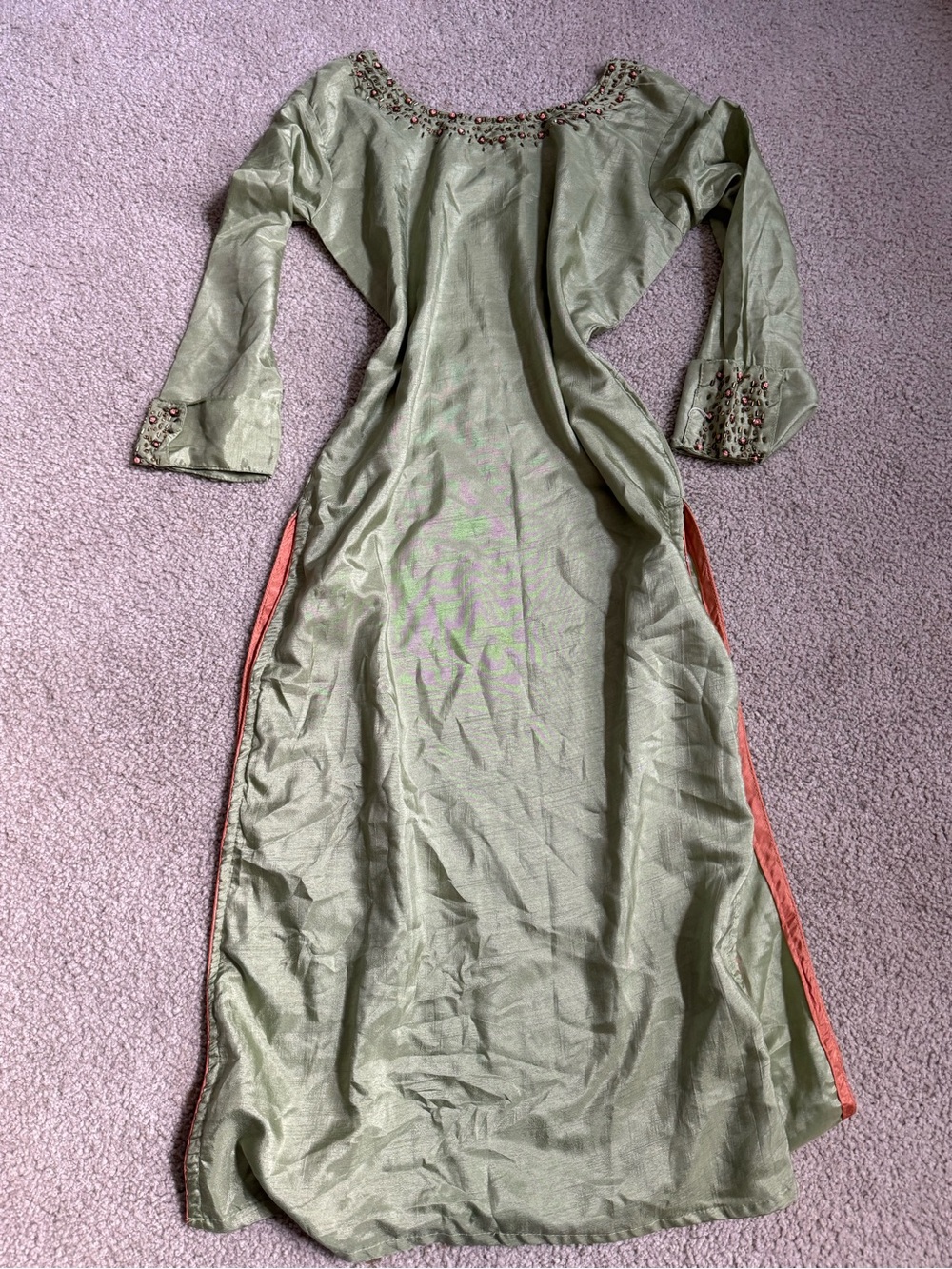Pakistan Designer Punjabi pajami Salw Olive Green Maxi Dress with Coral Side